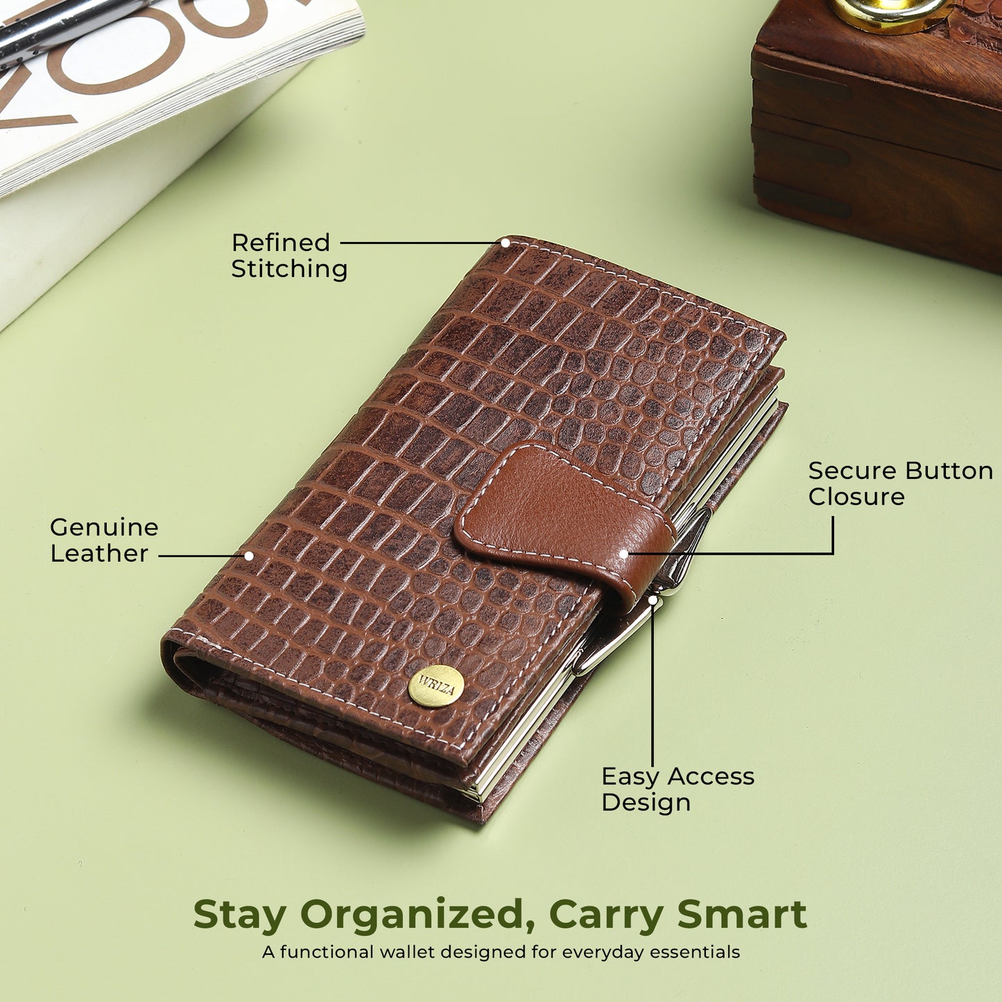 WRIZA Genuine Leather Clutch for Women | Croco Pattern Leather Wallet with 7 Card Slots & 3 Compartments | Slim Travel Purse for Women (Brown)