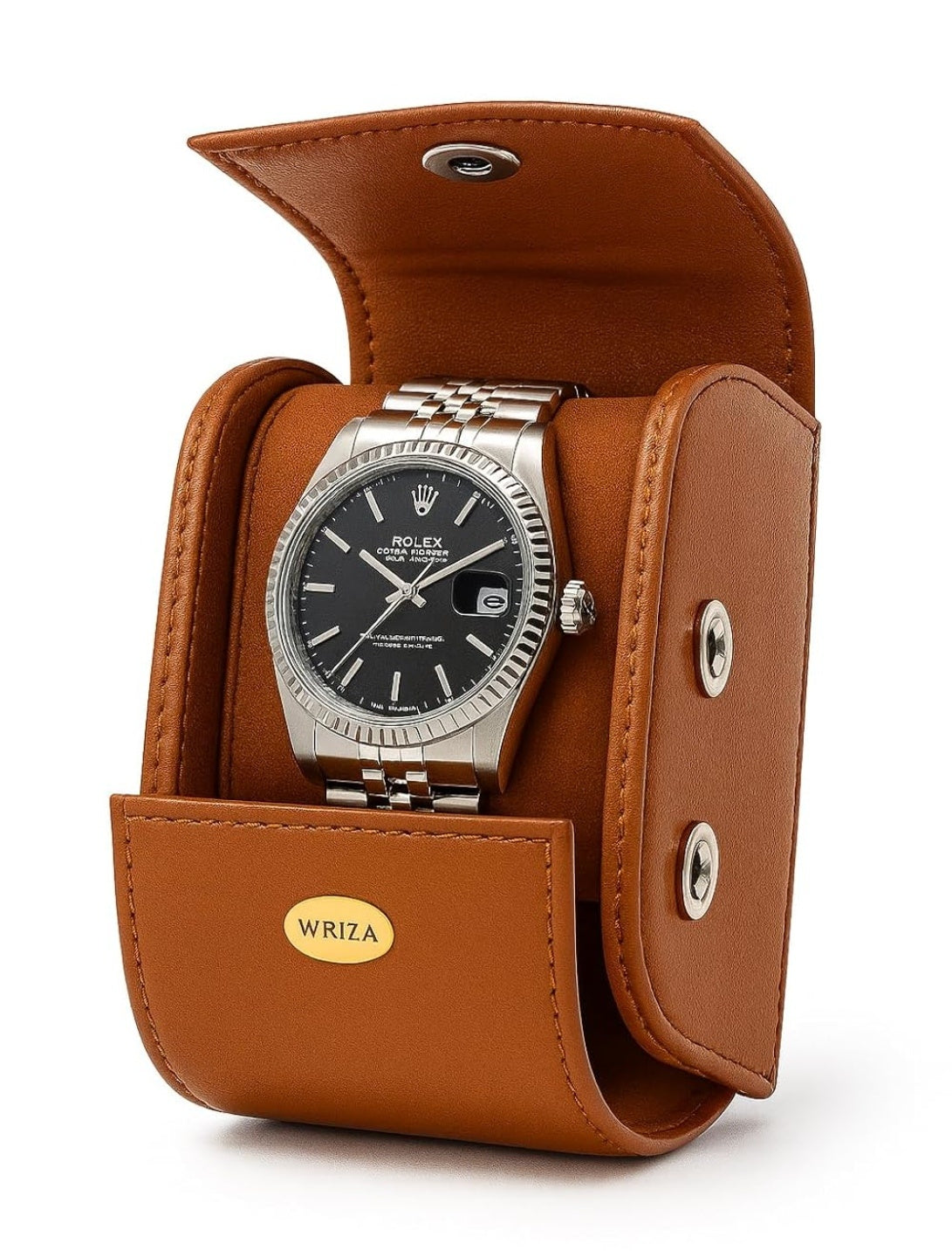 WRIZA Handcrafted Genuine Leather Single Watch Case Roll - Travel Organizer with Soft Suede Lining & Secure Snap Closure - Premium Tan Watch Box for Men & Women