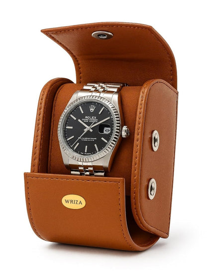 WRIZA Handcrafted Genuine Leather Single Watch Case Roll - Travel Organizer with Soft Suede Lining & Secure Snap Closure - Premium Tan Watch Box for Men & Women