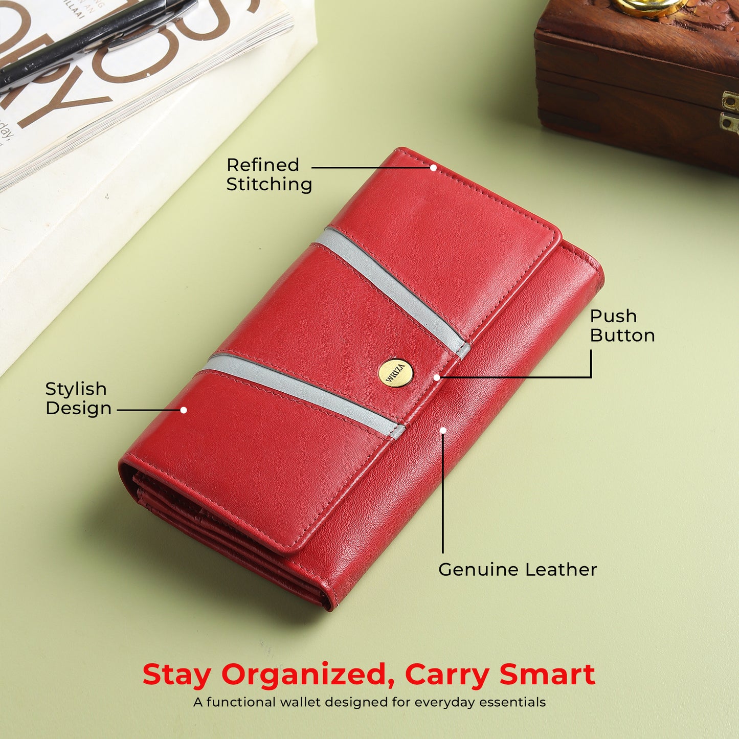 WRIZA Genuine Leather Women’s Wallet with RFID Protection | Stylish Red Clutch Purse with Multiple Card Slots, Coin Pocket & Spacious Compartment for Ladies