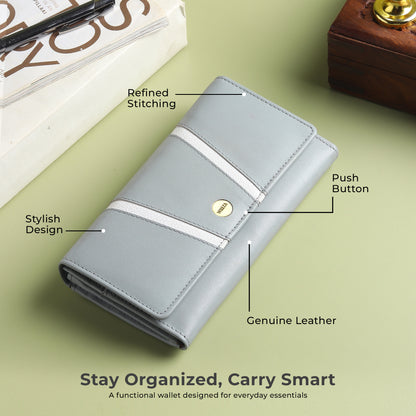 WRIZA Genuine Leather Women’s Wallet with RFID Protection | Stylish Light Grey Clutch Purse with Multiple Card Slots, Coin Pocket & Spacious Compartment for Ladies