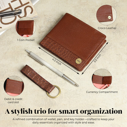 WRIZA Men's Genuine Leather Wallet, Pen & Keychain Gift Set | Premium Croc Texture Combo Box for Birthday, Anniversary & Corporate Gifting