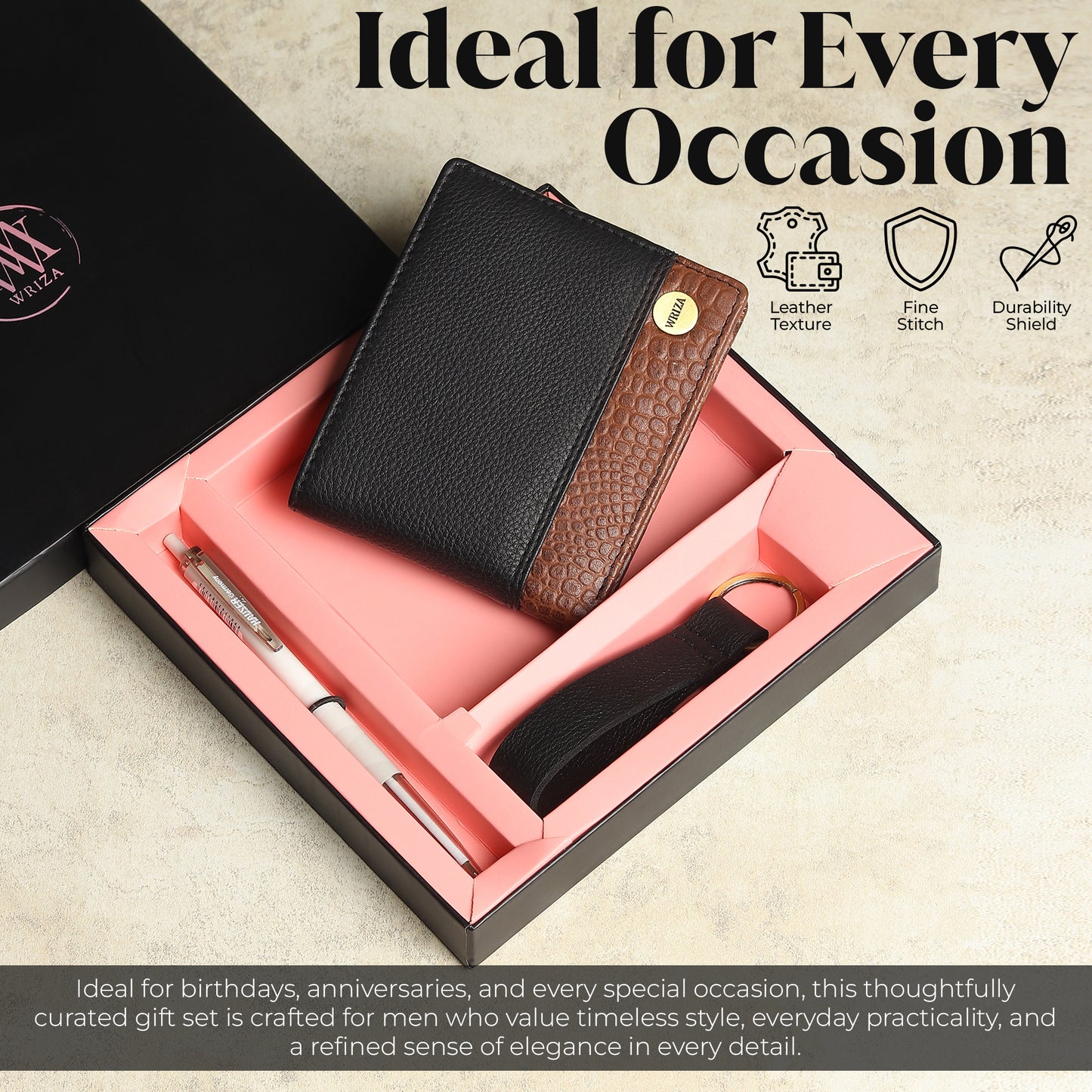 WRIZA Men's Genuine Leather Wallet, Pen & Keychain Gift Set | Premium Croc Texture Combo Box for Birthday, Anniversary & Corporate Gifting