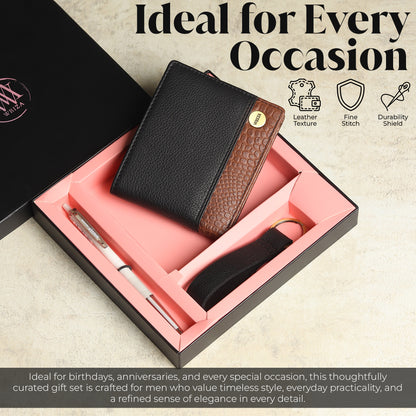 WRIZA Men's Genuine Leather Wallet, Pen & Keychain Gift Set | Premium Croc Texture Combo Box for Birthday, Anniversary & Corporate Gifting