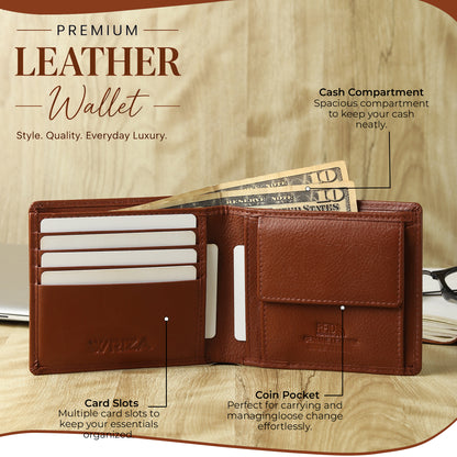 WRIZA Premium Genuine Leather Bi-fold Wallet for Men | Handcrafted Leather Slim Wallet with Coin Pocket, 2 Currency Compartments, and Multiple Credit Card Slots | Elegant Gift Box Included (Rust)