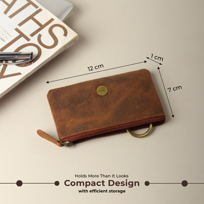 WRIZA Premium Handcrafted Genuine Leather Key Pouch with Zipper & Metallic Ring | Slim Keychain Case for Men & Women