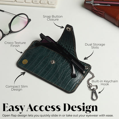 WRIZA Handcrafted Genuine Leather Croc-Embossed Spectacle Cover - Slim Eyeglass Case with Keychain Hook, Portable Sun Glass Pouch for Travel, Forest Green