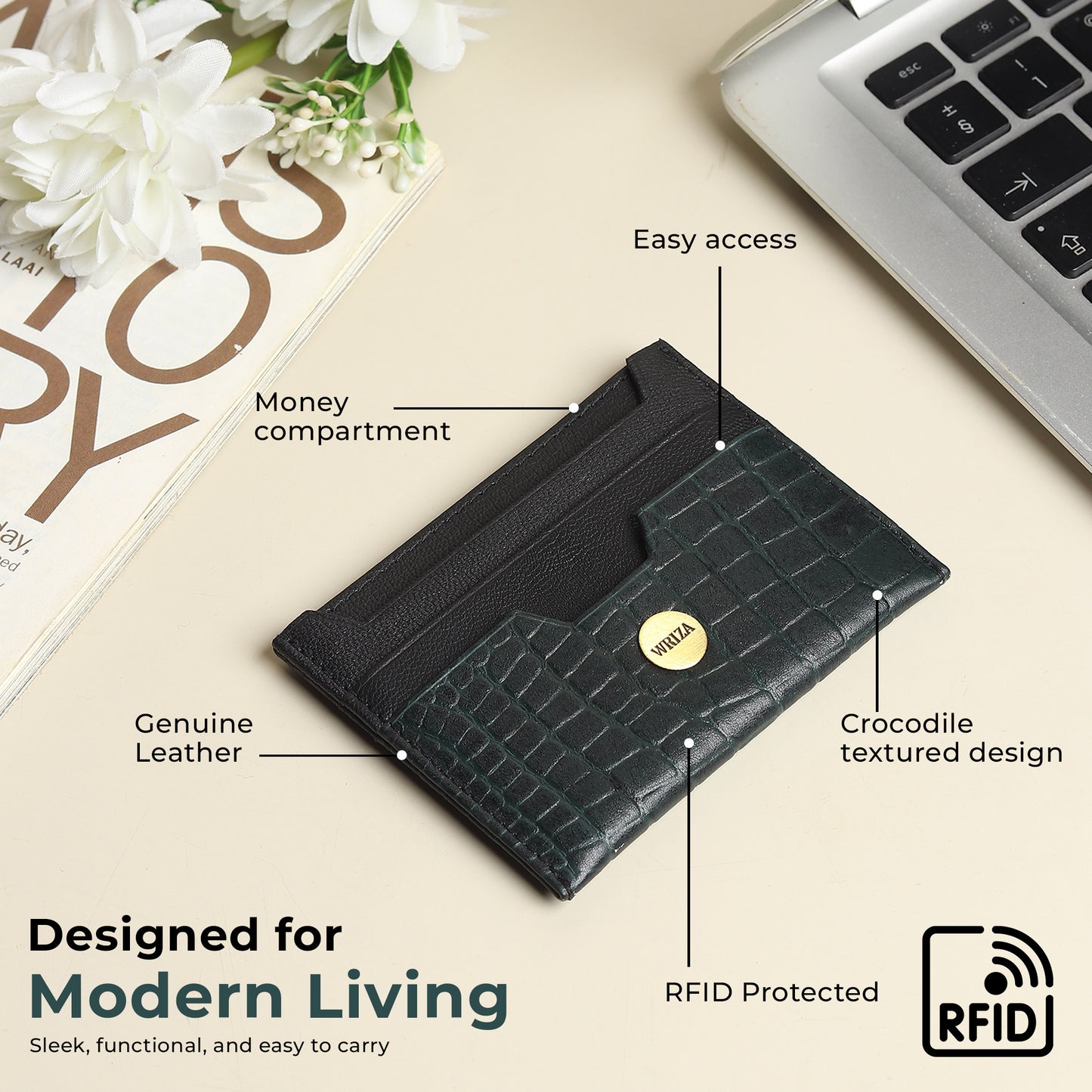 WRIZA Handcrafted Genuine Leather RFID Protected Card Holder with 6 Card Slots