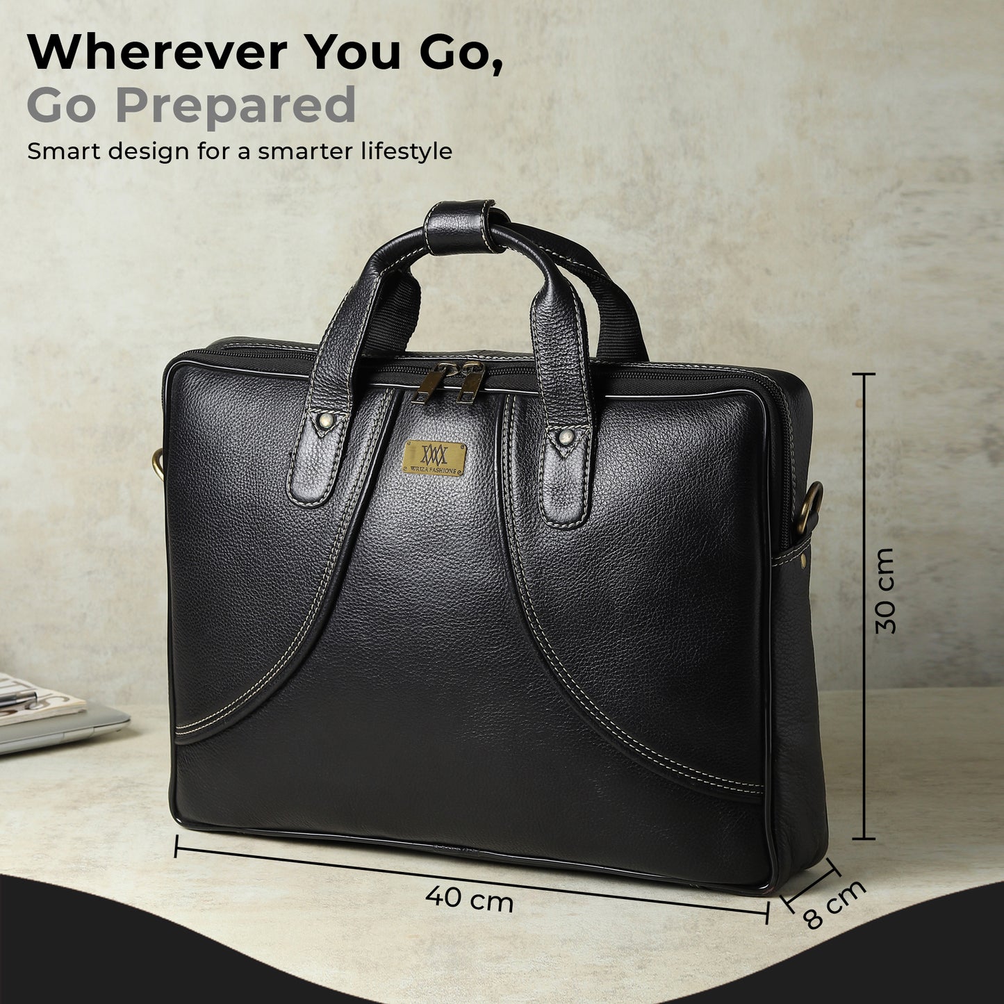 WRIZA Premium Genuine Leather Laptop Bag for Men | 15.6 inch Professional Office Messenger Bag with Adjustable Strap - Black