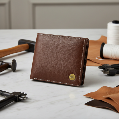WRIZA Premium Genuine Leather Bi-fold Wallet for Men | Handcrafted Leather Slim Wallet with Coin Pocket, 2 Currency Compartments, and Multiple Credit Card Slots | Elegant Gift Box Included (Rust)