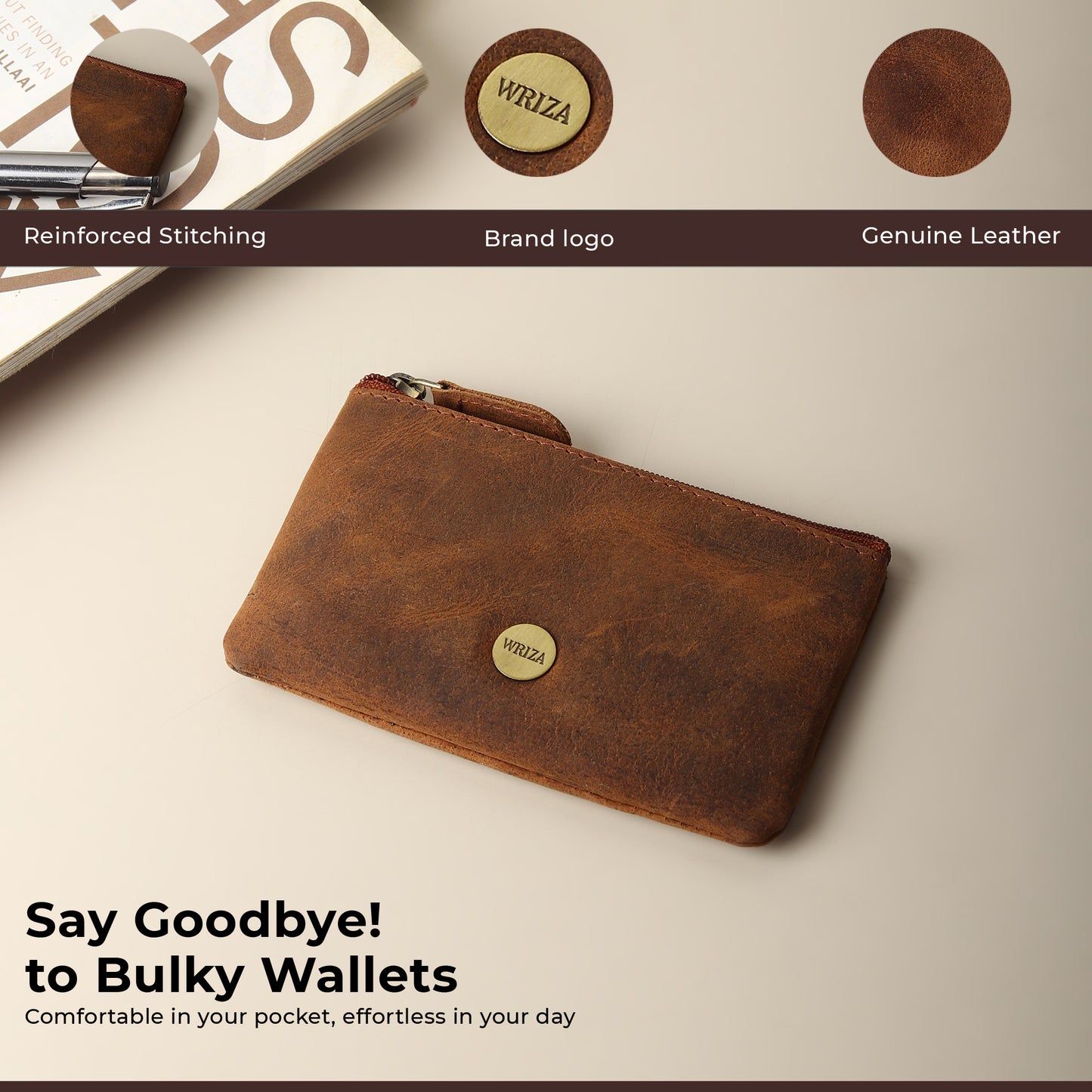 WRIZA Premium Handcrafted Genuine Leather Key Pouch with Zipper & Metallic Ring | Slim Keychain Case for Men & Women