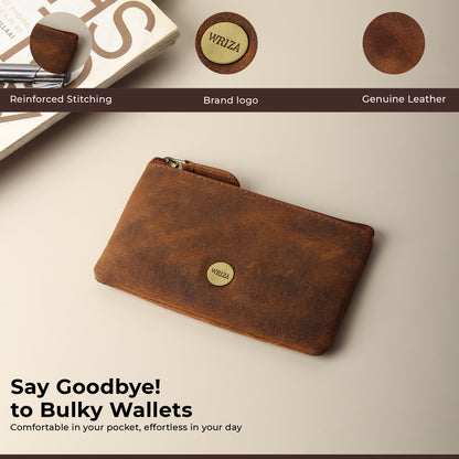 WRIZA Premium Handcrafted Genuine Leather Key Pouch with Zipper & Metallic Ring | Slim Keychain Case for Men & Women