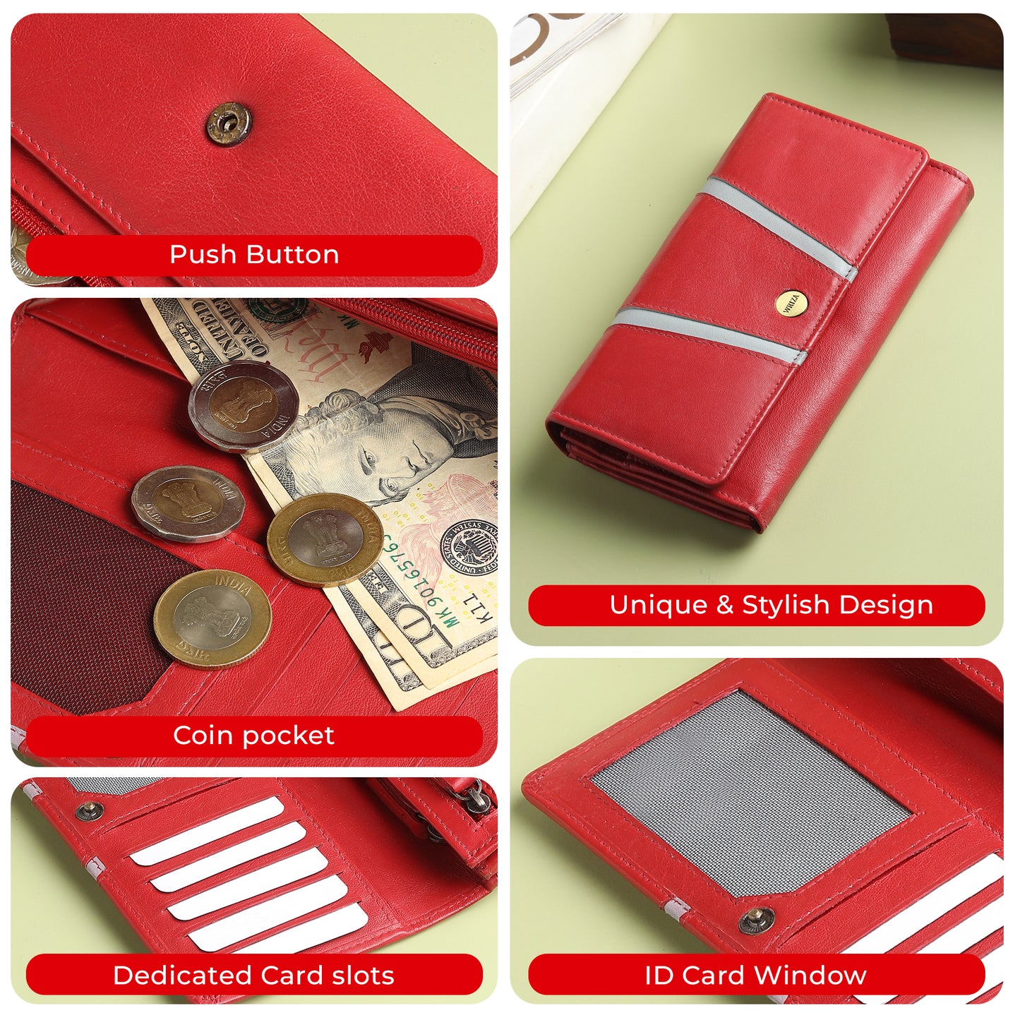 WRIZA Genuine Leather Women’s Wallet with RFID Protection | Stylish Red Clutch Purse with Multiple Card Slots, Coin Pocket & Spacious Compartment for Ladies