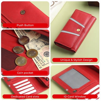 WRIZA Genuine Leather Women’s Wallet with RFID Protection | Stylish Red Clutch Purse with Multiple Card Slots, Coin Pocket & Spacious Compartment for Ladies