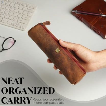 WRIZA Handcrafted Genuine Leather Pen & Pencil Case | Vintage Brown Stationary Pouch & Travel Organizer for Professionals, Students, and Artists | Slim Premium Pen Holder Case