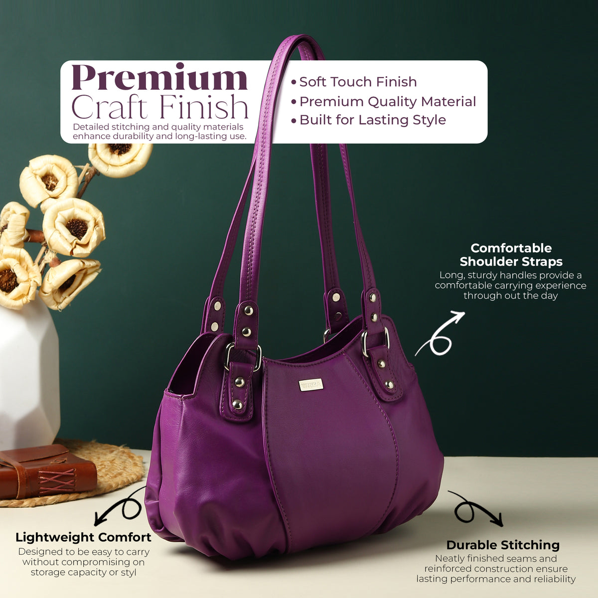 WRIZA Luxury Purple Genuine Leather Handbag for Women | Premium Textured Shoulder Bag with Multiple Zip Compartments | Stylish Ladies Purse for Office & Casual Use | Durable Top-Handle Satchel