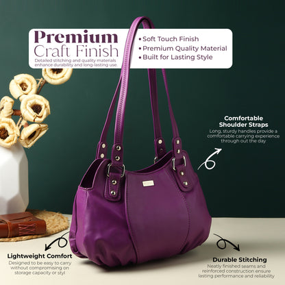 WRIZA Luxury Purple Genuine Leather Handbag for Women | Premium Textured Shoulder Bag with Multiple Zip Compartments | Stylish Ladies Purse for Office & Casual Use | Durable Top-Handle Satchel