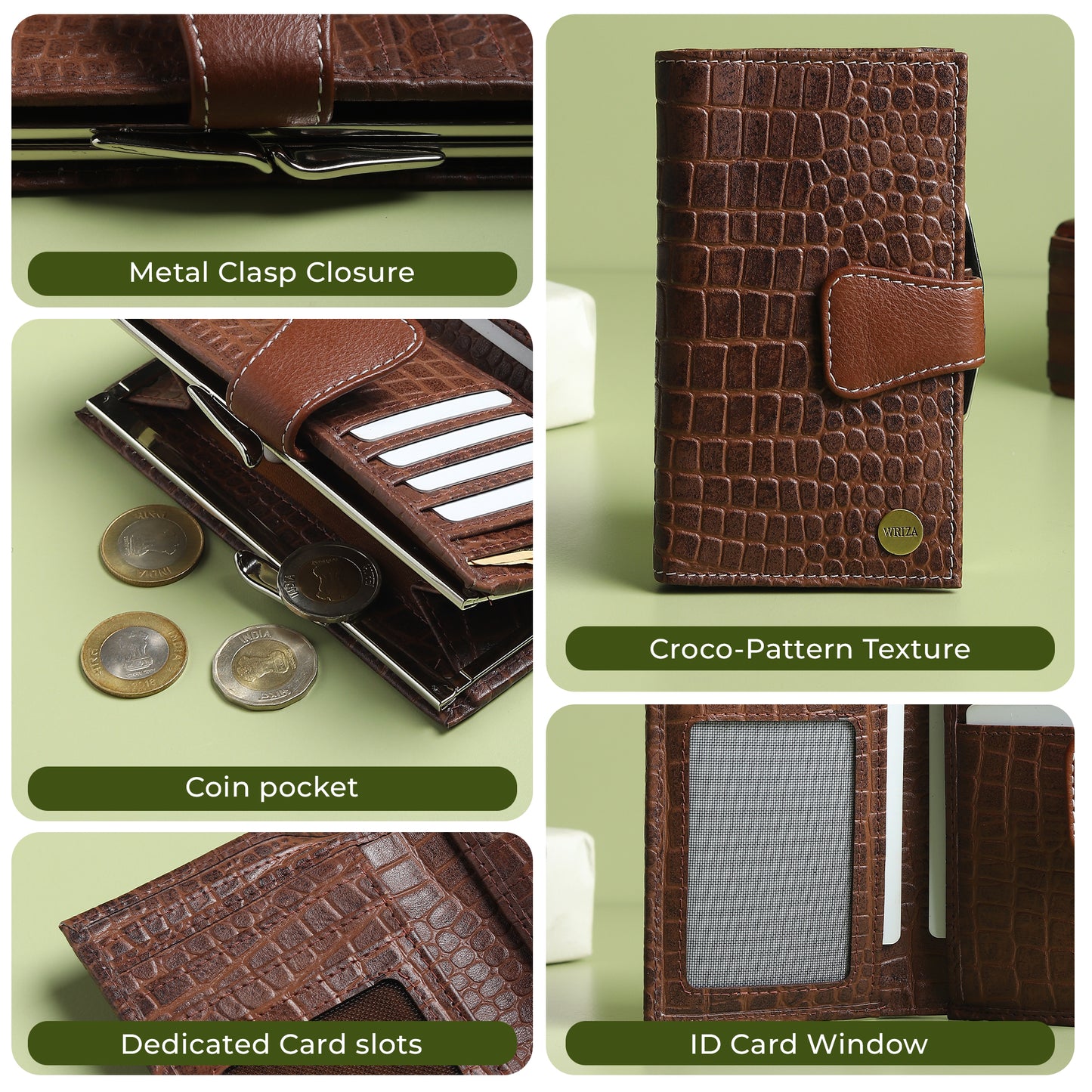 WRIZA Genuine Leather Clutch for Women | Croco Pattern Leather Wallet with 7 Card Slots & 3 Compartments | Slim Travel Purse for Women (Brown)