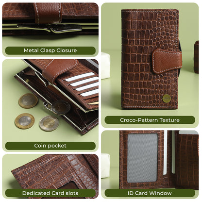 WRIZA Genuine Leather Clutch for Women | Croco Pattern Leather Wallet with 7 Card Slots & 3 Compartments | Slim Travel Purse for Women (Brown)