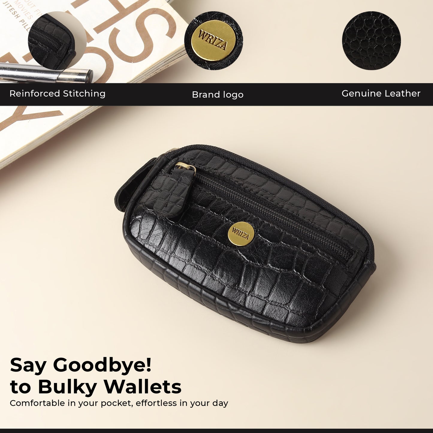 WRIZA Genuine Leather Coin Purse for Women | Mini Key Pouch with Zipper & Keychain Holder