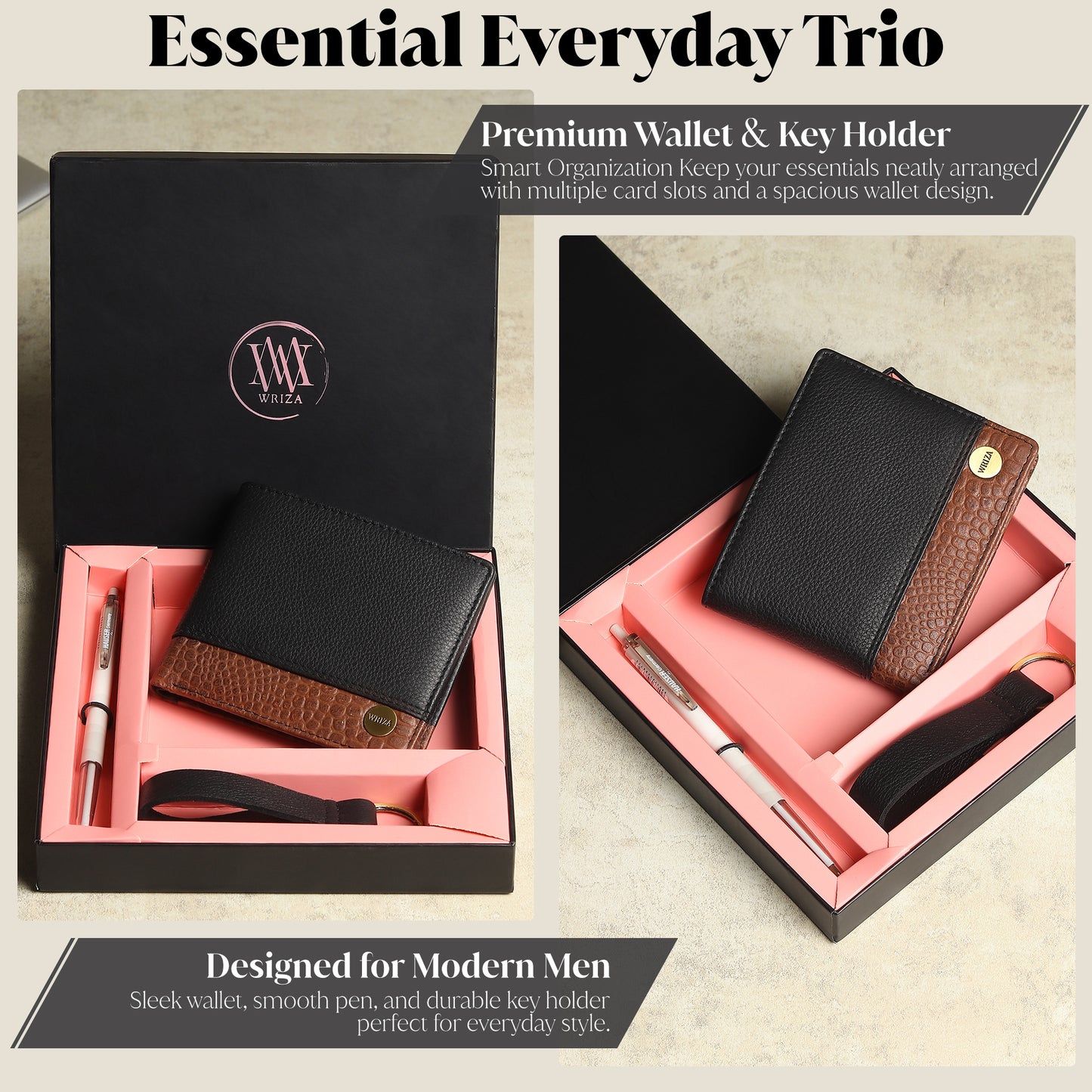 WRIZA Men's Genuine Leather Wallet, Pen & Keychain Gift Set | Premium Croc Texture Combo Box for Birthday, Anniversary & Corporate Gifting