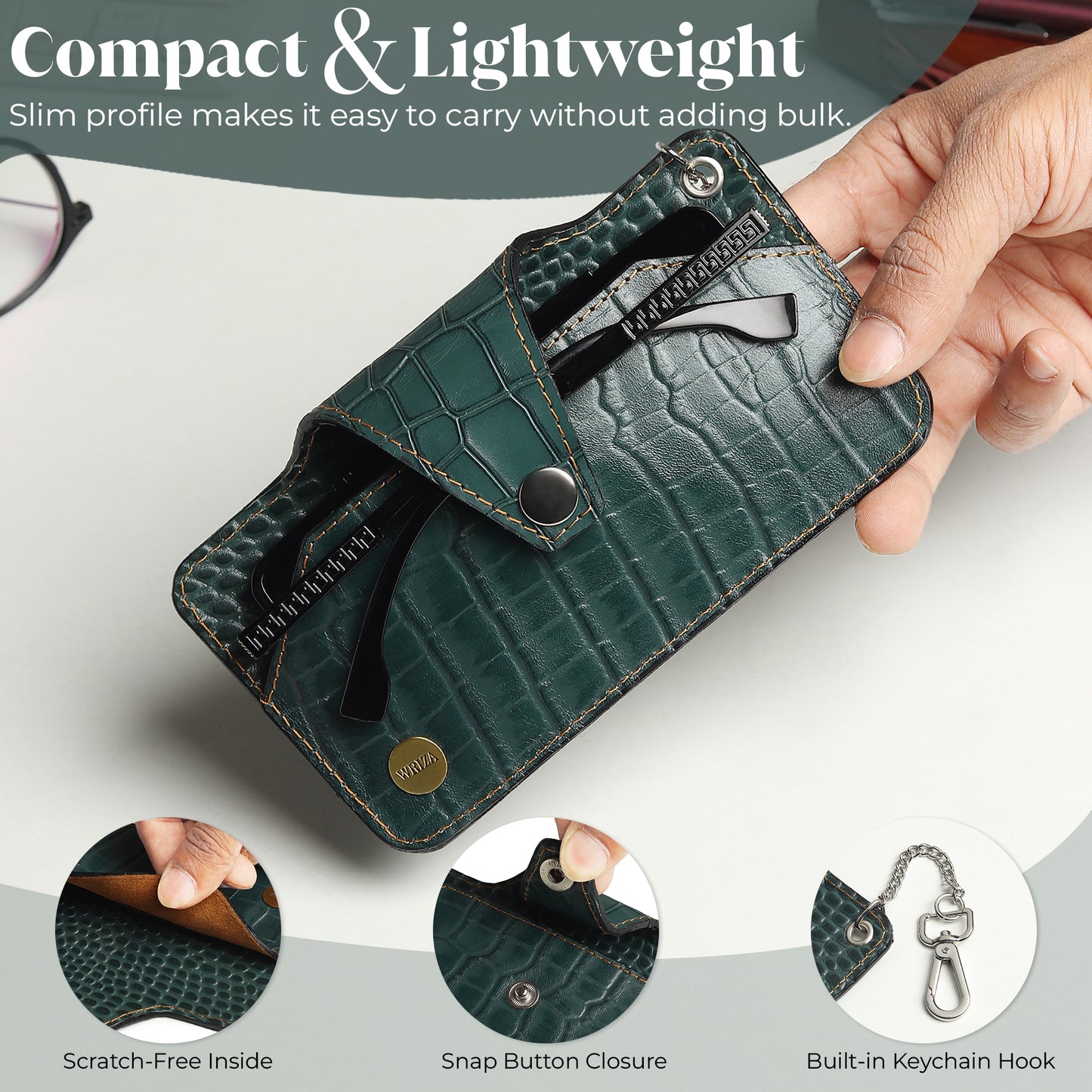 WRIZA Handcrafted Genuine Leather Croc-Embossed Spectacle Cover - Slim Eyeglass Case with Keychain Hook, Portable Sun Glass Pouch for Travel, Forest Green