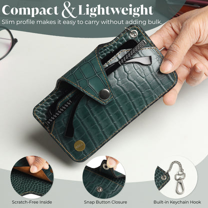 WRIZA Handcrafted Genuine Leather Croc-Embossed Spectacle Cover - Slim Eyeglass Case with Keychain Hook, Portable Sun Glass Pouch for Travel, Forest Green