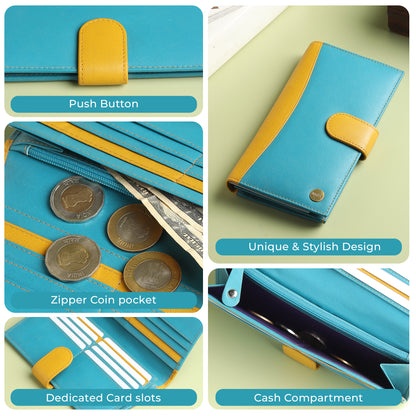 WRIZA Women's Genuine Leather RFID Blocking Wallet with 16 Card Slots & Zipper Pocket
