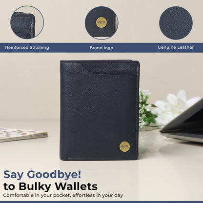 WRIZA Men's Genuine Leather Wallet|Navy Blue RFID Blocking Leather Wallet for Men with Hidden Zip & Coin Pocket | Slim Credit Card Holder Business Wallet