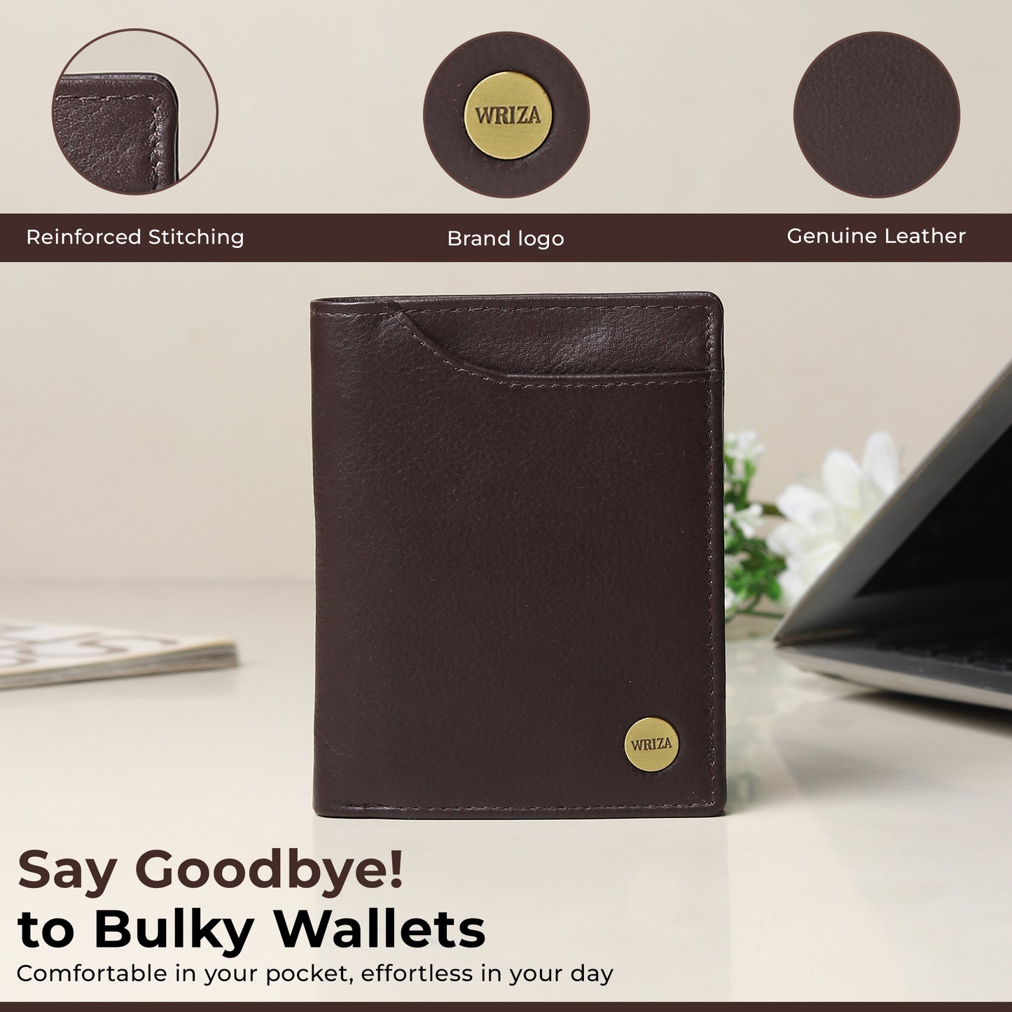 WRIZA Men's Genuine Leather Wallet|Brown RFID Blocking Leather Wallet for Men with Hidden Zip & Coin Pocket | Slim Credit Card Holder Business Wallet