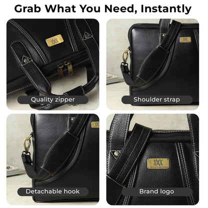 WRIZA Premium Genuine Leather Laptop Bag for Men | 15.6 inch Professional Office Messenger Bag with Adjustable Strap - Black