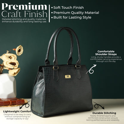 WRIZA Women's Genuine Leather Handbag | Emerald Green Crocodile Textured Tote for Office & Casual Use | Multi-Compartment Satchel Bag with Top Handle