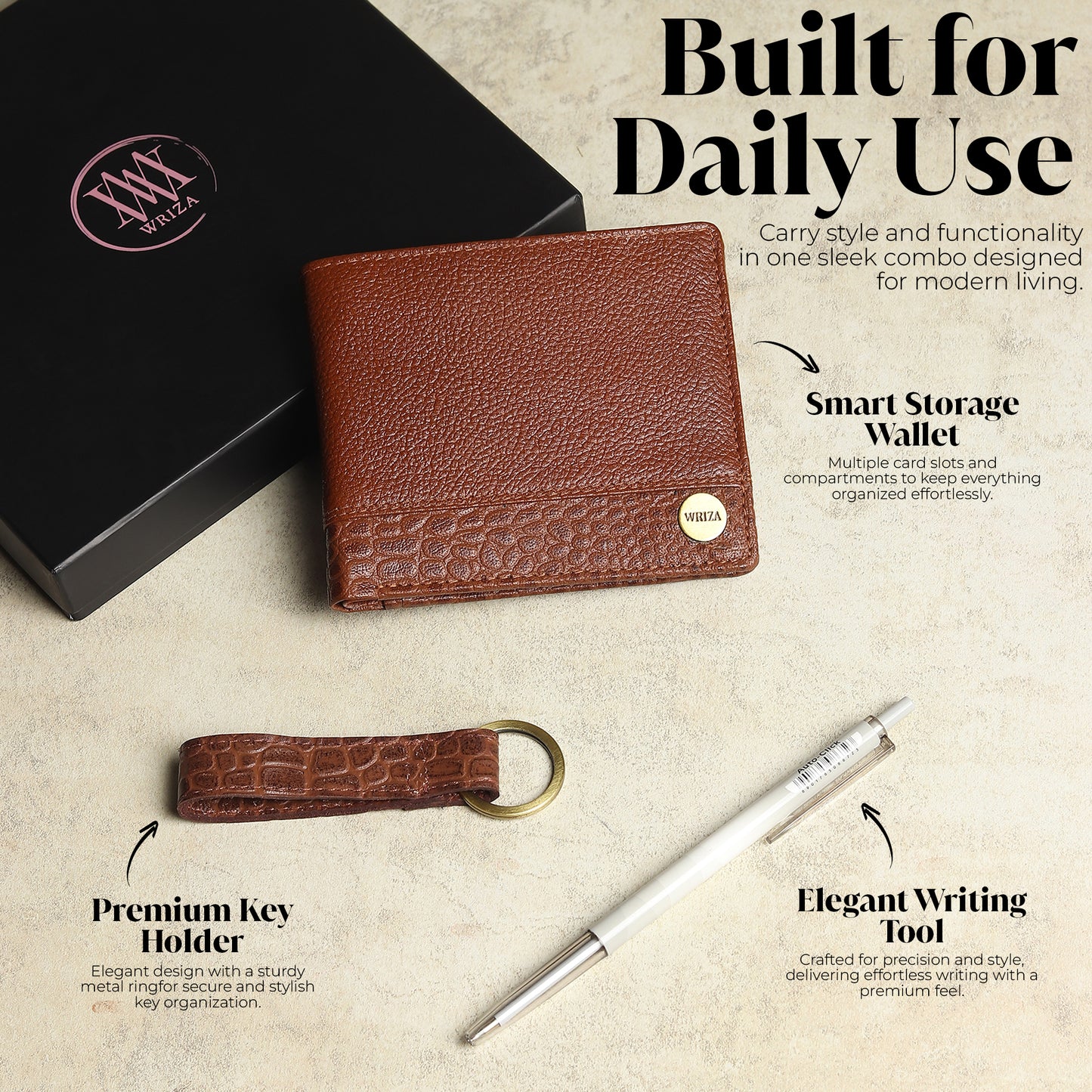 WRIZA Men's Genuine Leather Wallet, Pen & Keychain Gift Set | Premium Croc Texture Combo Box for Birthday, Anniversary & Corporate Gifting
