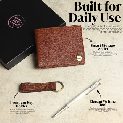 WRIZA Men's Genuine Leather Wallet, Pen & Keychain Gift Set | Premium Croc Texture Combo Box for Birthday, Anniversary & Corporate Gifting
