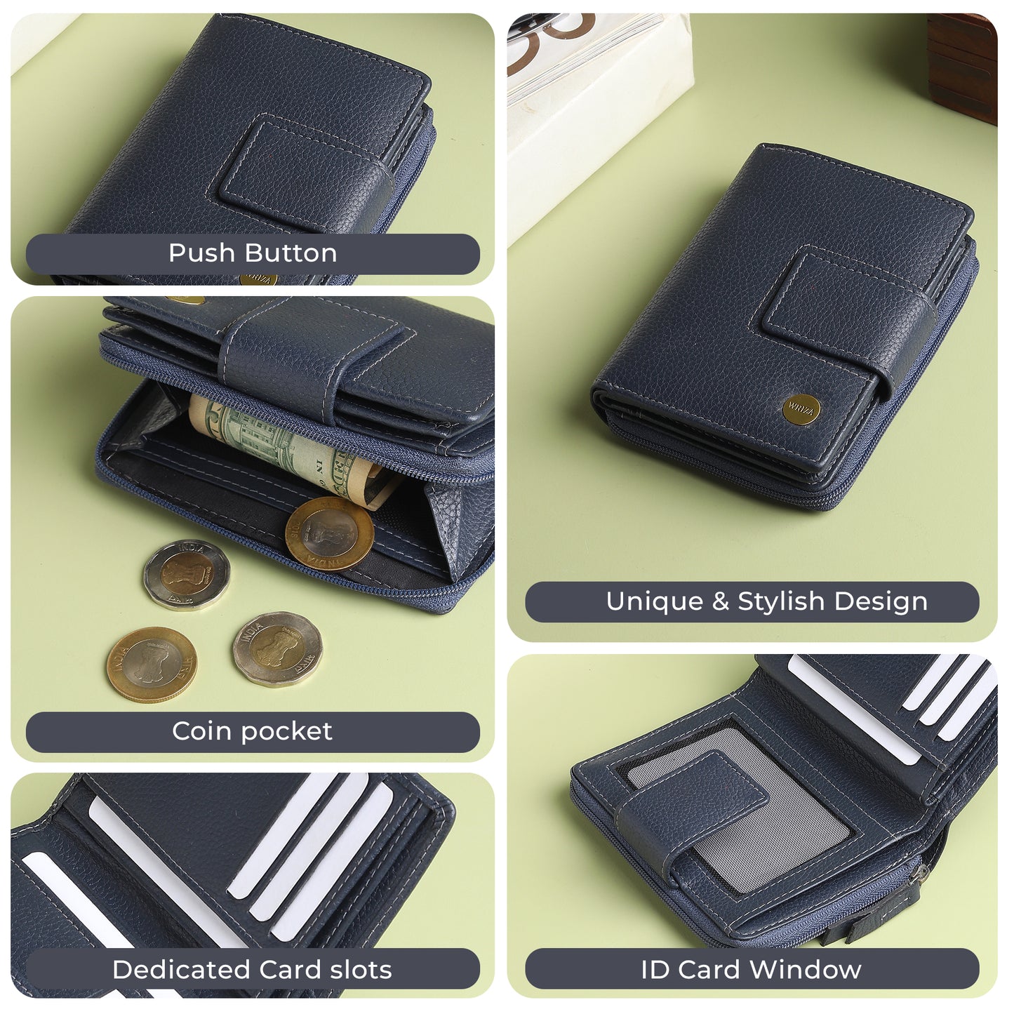 WRIZA Women's Genuine Leather Wallet | Navy Blue RFID Protected Clutch Purse with 9 Card Slots, ID Window & Zipper Coin Pocket for Gifting