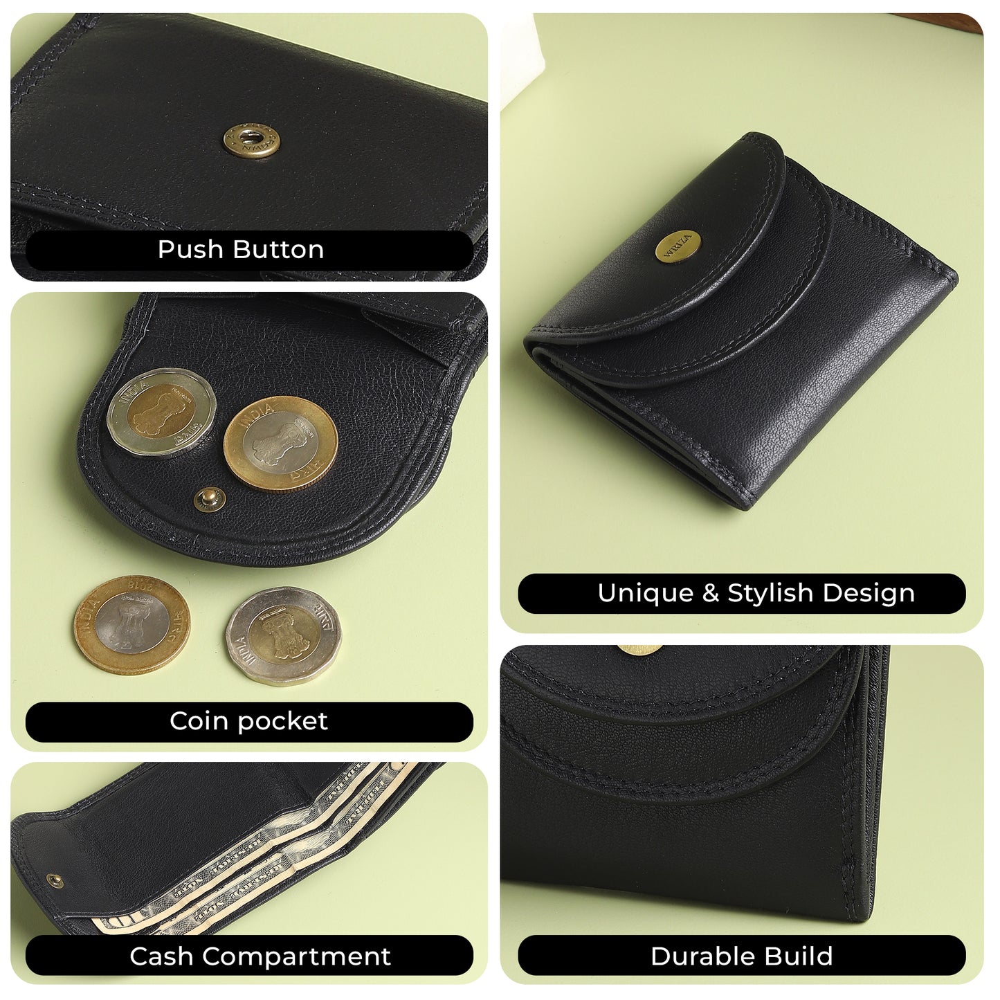 WRIZA Genuine Leather Wallet for Women | Textured Black Small Purse with Multiple Card Slots and Coin Pocket | Compact Handheld Organizer for Ladies