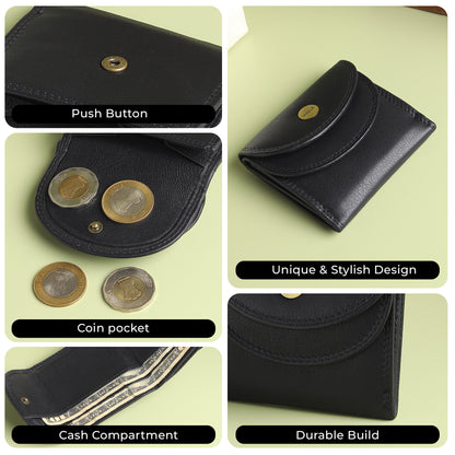 WRIZA Genuine Leather Wallet for Women | Textured Black Small Purse with Multiple Card Slots and Coin Pocket | Compact Handheld Organizer for Ladies