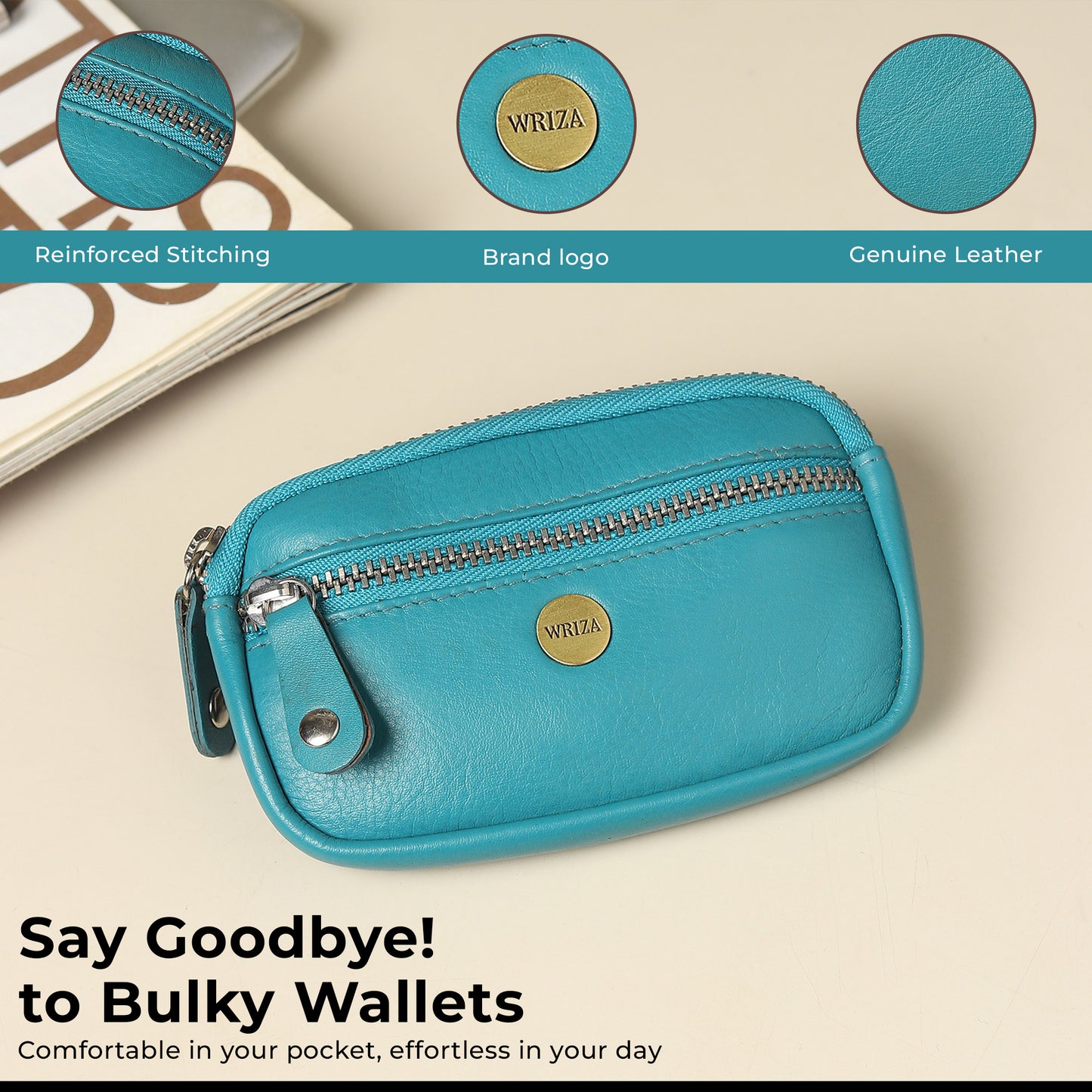 WRIZA Genuine Leather Coin Purse for Women | Mini Key Pouch with Zipper & Keychain Holder