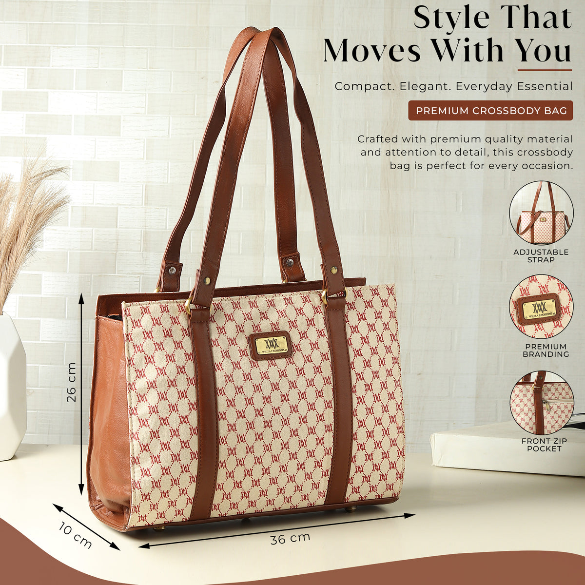 WRIZA Women's Genuine Leather Tote Bag | Large Office Handbag with Laptop Compartment | Monogram Printed Textured Shoulder Bag for Work & Travel