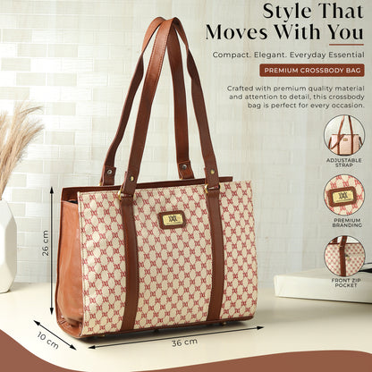 WRIZA Women's Genuine Leather Tote Bag | Large Office Handbag with Laptop Compartment | Monogram Printed Textured Shoulder Bag for Work & Travel