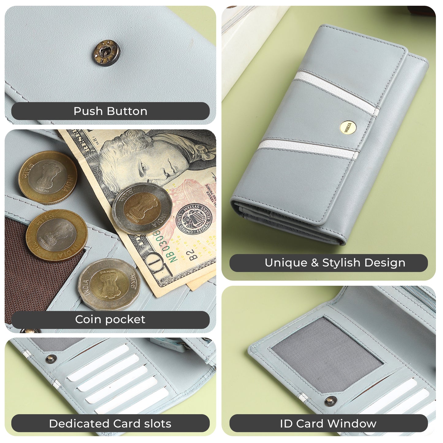 WRIZA Genuine Leather Women’s Wallet with RFID Protection | Stylish Light Grey Clutch Purse with Multiple Card Slots, Coin Pocket & Spacious Compartment for Ladies