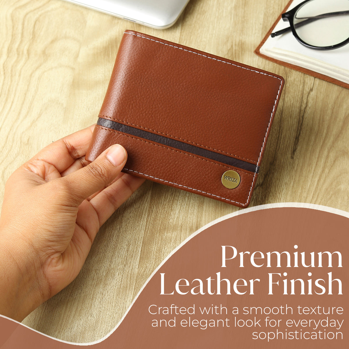 WRIZA Men’s Genuine Leather Bifold Wallet | Premium Textured Finish with Coin Pocket, 2 Currency Compartments & Multiple ID Card Slots | Stylish & Slim Casual Business Wallet for Men (Tan)