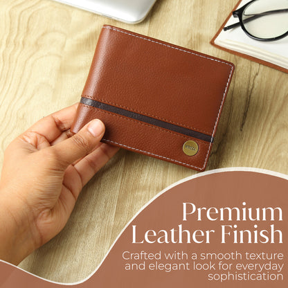 WRIZA Men’s Genuine Leather Bifold Wallet | Premium Textured Finish with Coin Pocket, 2 Currency Compartments & Multiple ID Card Slots | Stylish & Slim Casual Business Wallet for Men (Tan)