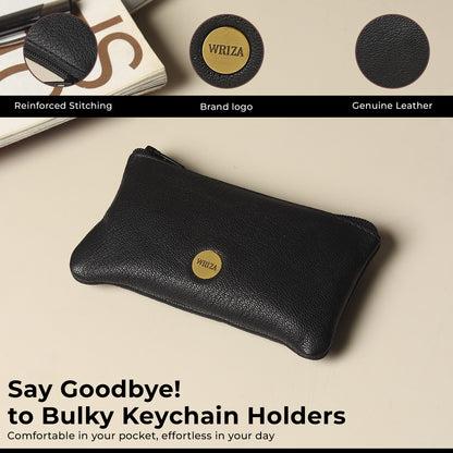 WRIZA Premium Handcrafted Genuine Leather Key Pouch with Zipper & Metallic Ring | Slim Keychain Case for Men & Women