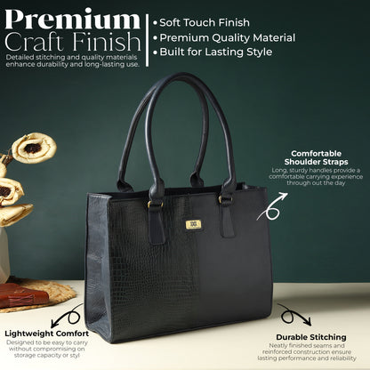 WRIZA Genuine Leather Handbag for Women | Dark Blue & Green Croco Textured Tote Bag for Office & Travel | Large Multipurpose Shoulder Bag Fits Laptop & Bottle