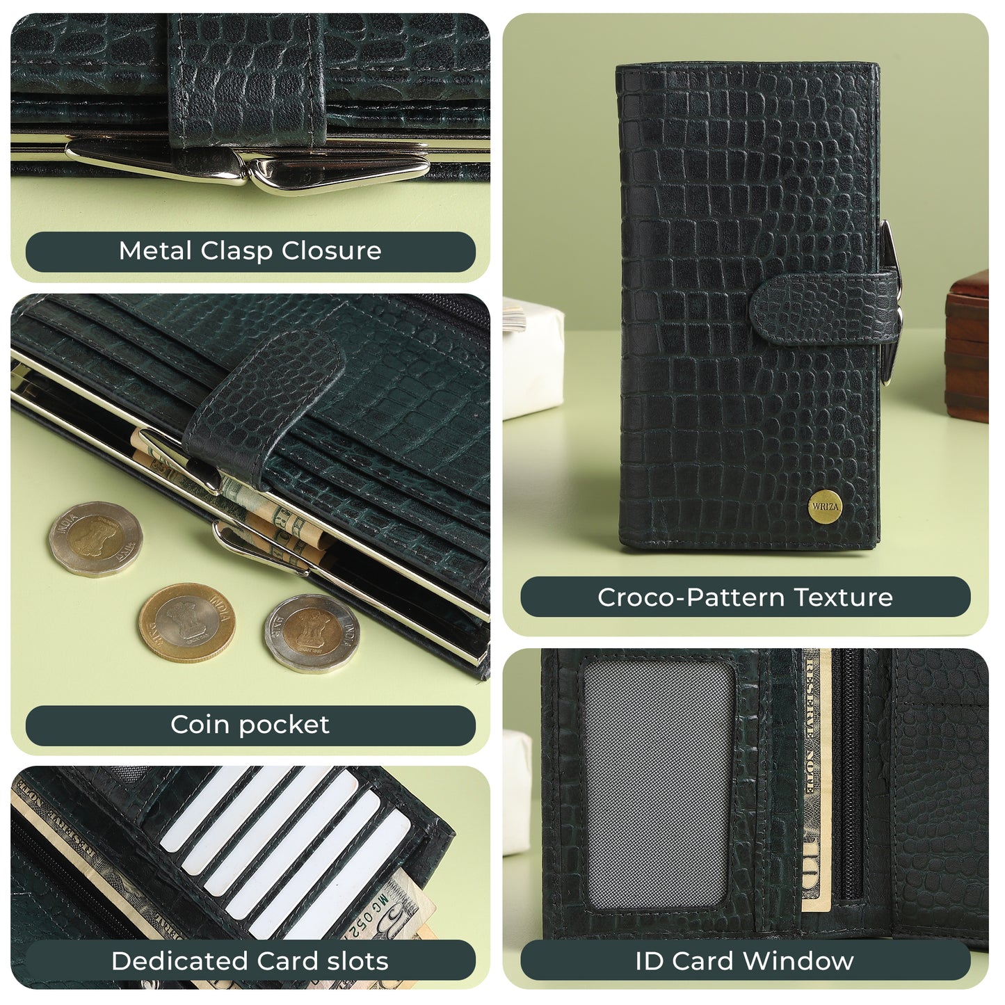 WRIZA Women's Genuine Leather Croco Textured Clutch Wallet | 10 Card Slots, 4 Compartments & Coin Pocket | Emerald Green