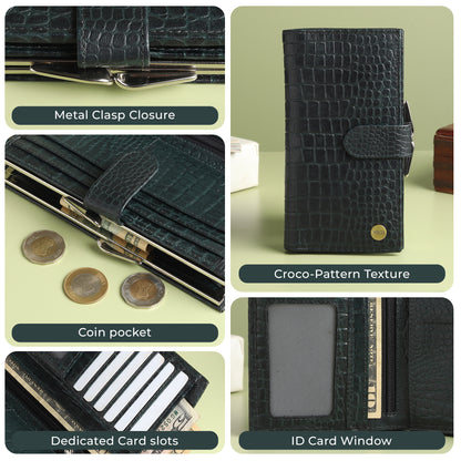WRIZA Women's Genuine Leather Croco Textured Clutch Wallet | 10 Card Slots, 4 Compartments & Coin Pocket | Emerald Green