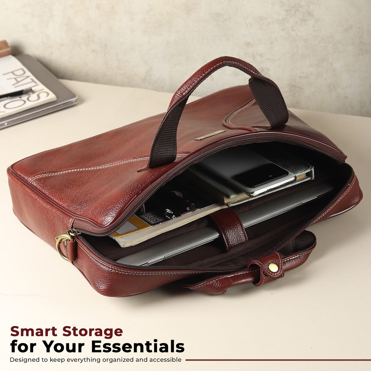 WRIZA Premium Genuine Leather Laptop Bag for Men | 15.6 inch Professional Office Messenger Bag with Adjustable Strap - Brown