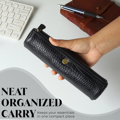 WRIZA Handcrafted Genuine Leather Pen & Pencil Case | Vintage Black Stationary Pouch & Travel Organizer for Professionals, Students, and Artists | Slim Premium Pen Holder Case