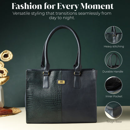 WRIZA Genuine Leather Handbag for Women | Dark Blue & Green Croco Textured Tote Bag for Office & Travel | Large Multipurpose Shoulder Bag Fits Laptop & Bottle